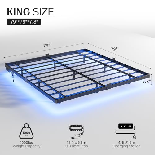 King Size Floating Bed Frame with LED Lights & Charging Station - Metal Support