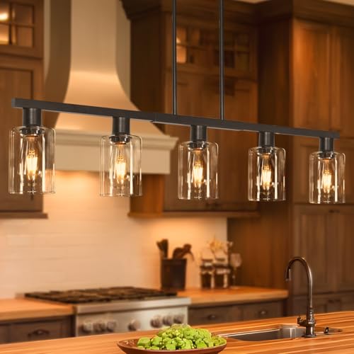 5-Light Farmhouse Pendant Light Fixture - Black + Clear Glass, 40in Adjustable