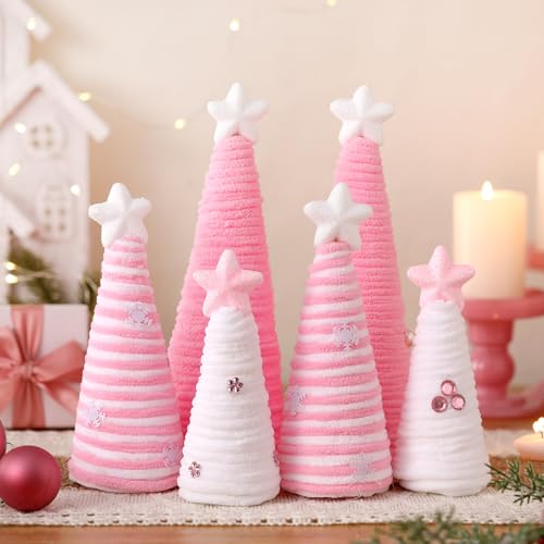 Pink Christmas Mini Yarn Tree Decorations Set - 6pcs Holiday Table Decor