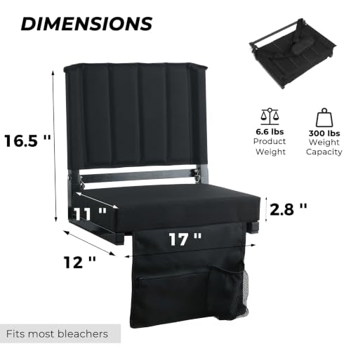 SPORT BEATS Stadium Folding Seat with Back Support, Cup Holder & Storage - Black / Regular