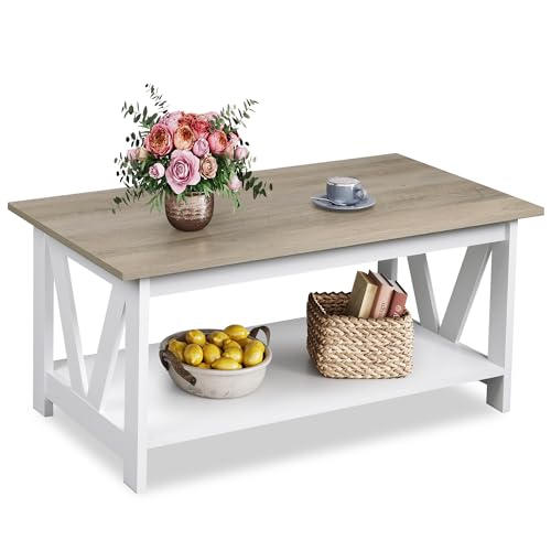 WLIVE 39.4-Inch Farmhouse Coffee Table with Storage Shelf - White, Variation of White / 39.4"