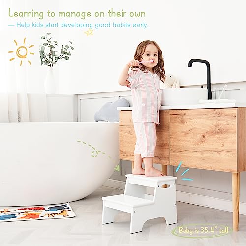 Kids Wooden Step Stool for Bathroom Sink – White Toddler Two-Step Platform with Non-Slip Mats (Variation: White)