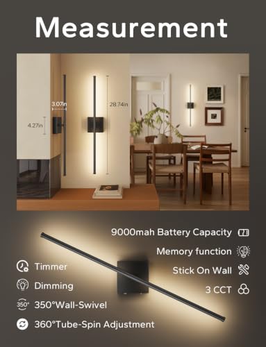 KARTOOSH Peel & Stick Battery Wall Sconces Set of 2, Black, 3CCT, 28 Inch