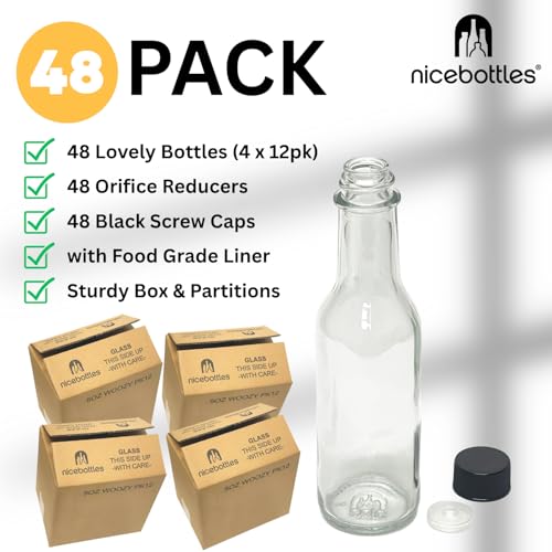 Nicebottles 5 Oz Hot Sauce Bottles, 48 Pack - Clear Glass with Caps & Drippers