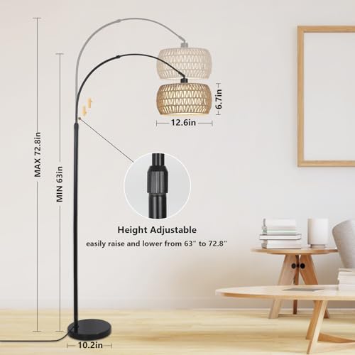 Bohemian Arc Floor Lamp with Rattan Shades, Dimmable LED, Remote Control, Tall Farmhouse Standing Light for Living Room