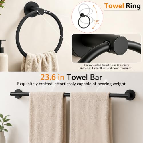 Nolimas Matte Black 5-Piece Bathroom Hardware Set with 24" Towel Bar - Variation A