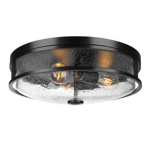 Rosient 16 Inch Large Black Flush Mount Ceiling Light Fixture with Seeded Glass - Modern Farmhouse Indoor Outdoor Lighting for Kitchen, Dining & Living Room - ROS88-Large