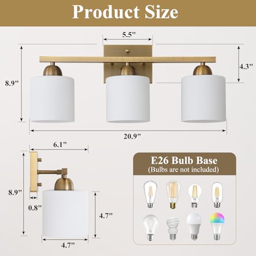Brass 3-Light Milk Glass Vanity Light Fixture for Bathroom Wall Mount - Dimmable, UL Certified