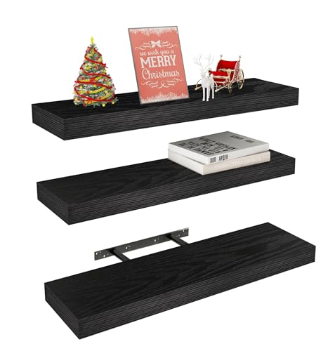 Black Rustic Floating Wall Shelves 24 Inch Set of 3 - Stylish & Stable Storage