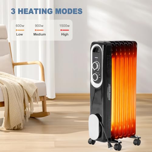 Black Oil Filled Radiator Heater 1500W with Adjustable Thermostat, Noiseless - 22.8 x 11.8 x 4.8 in