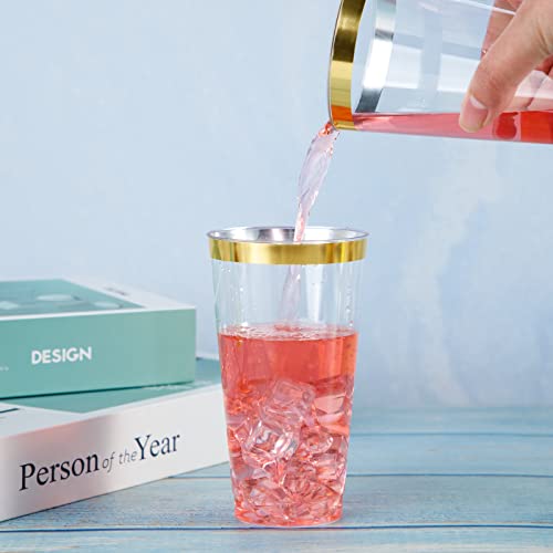LIYH Gold Rim 16 oz Plastic Cups - Disposable Party & Wedding Beverage Cups (100 Pack)