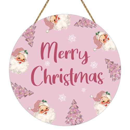 Pink Christmas Decor Door Decorations Merry Christmas Sign Pink Tree Santa Claus Wall Decorations Wooden Front Door Hanger Hanging Sign Wreath for Porch Wall Indoor Home Decor
