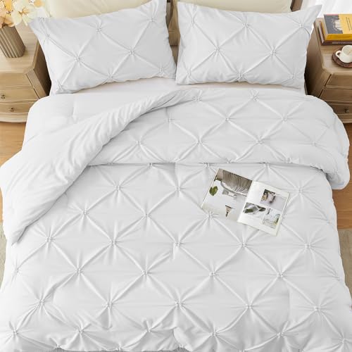 King Size White Comforter Set - Ultra Soft Boho Pintuck Bedding 3 Pieces - All Seasons Variation 01 White King 104x92