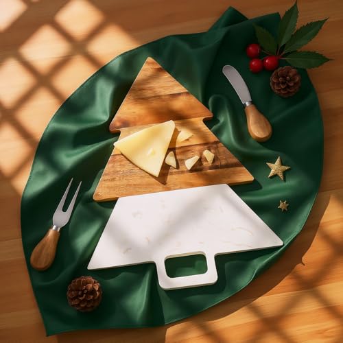 Acellegic Christmas Tree Marble & Acacia Cutting Board with Handles – Serving & Charcuterie Board (13.39 x 11.02 in)