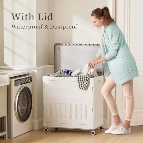 Milky 130L Rolling Laundry Hamper with Lid - Easy Move & Lock, Tall Storage Basket
