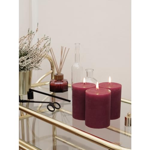 CANDWAX 3x4 inch Pillar Candles Set of 3 – Unscented, Dripless Burgundy, Handmade