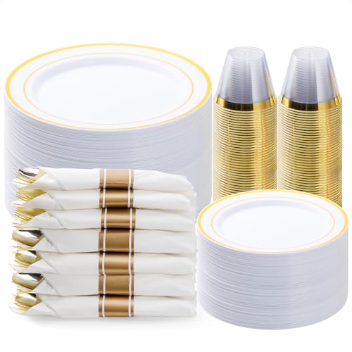 BESTVIP Gold Plastic Dinnerware Set for 50 Guests - Plates, Silverware, Cups & Napkins
