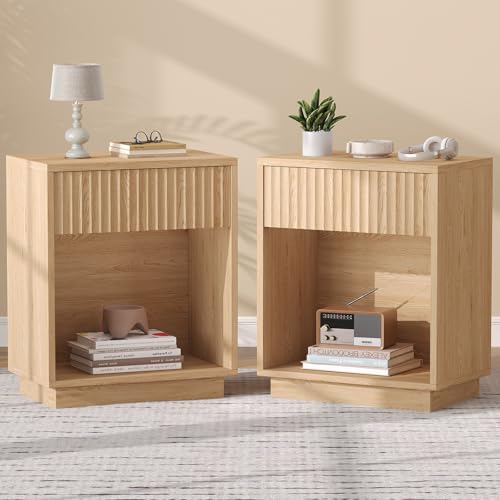 Fluted Nightstands Set of 2 - Mid Century Bedside End Tables - Natural Oak