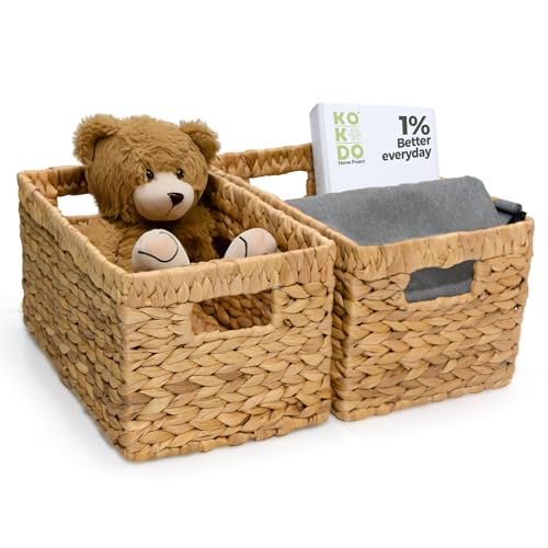 KOKODO Natural Water Hyacinth Wicker Storage Basket Set of 2 - Medium, 12.5"L x 7.5"W with Handles & Chalkboard Labels for Pantry & Home Organization