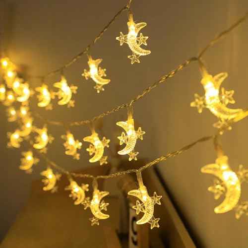 Moon Star String Lights, 10ft 20 LED USB Powered Star and Moon Fairy Lights Warm White for Birthday Party Christmas Holiday Home Decoration