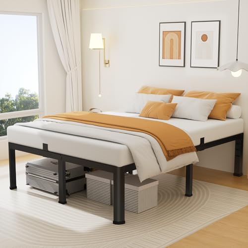 16 Inch Queen Size Metal Platform Bed Frame with Round Corners and Support Legs