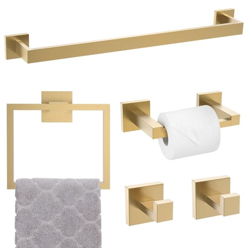 5-Piece Brushed Gold Bathroom Hardware Set with Double-Base Toilet Paper Holder & Towel Bar