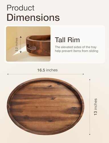 Tidita Walnut Acacia Oval Wooden Serving Tray with Handles 16.5x13 inches