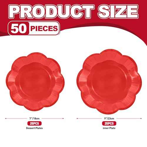 50 Pcs Red Paper Plates 25 ¡¿ 7'' and 25 ¡¿ 9'' Disposable Scalloped Red Dinner Plates Cute Party Plate for Birthday, Christmas, Picnic