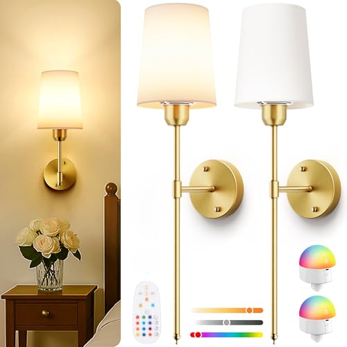 SyncGlow Gold Battery-Operated Wall Sconces Set of 2 with RGB & Dimmable Light