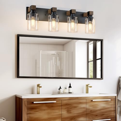 Farmhouse 4-Light Bathroom Vanity Light Fixture, Black & Wood Finish