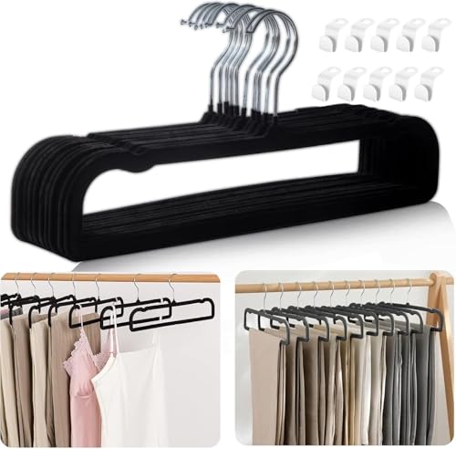 Velvet Non Slip Pants Hangers 20 Pack with Silver Swivel Hook - Space Saving Closet Organizers - Black Silver Hook