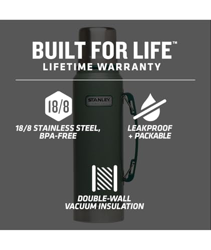 Stanley Vacuum Bottle 1.1 Quart - Wide Mouth Insulated Thermal Flask - Hammertone Green - Leakproof Cup Lid, Keep Drinks Hot or Cold