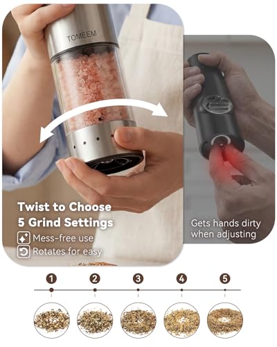 Rechargeable Salt and Pepper Grinder Set - Stainless Steel Silver, Adjustable Coarse to Fine, LED Display