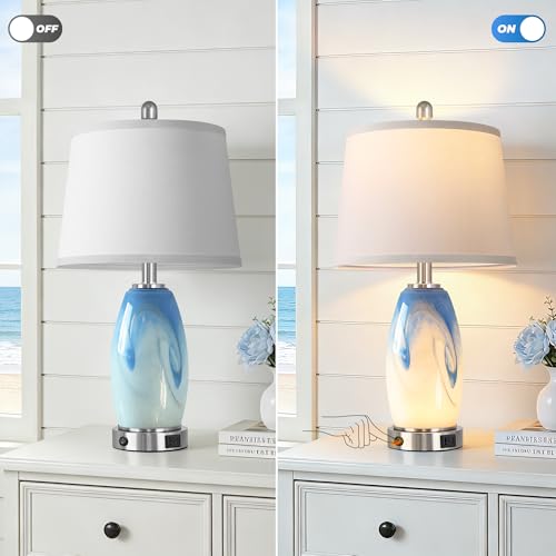 Hamucd Coastal Glass Table Lamp Set of 2 - Pattern 2, 7 Lighting Modes, USB Ports, Nautical Nightstand Lamps for Bedroom & Living Room