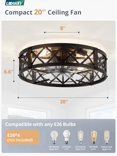 20-Inch Black Caged Farmhouse Ceiling Fan with Light - Flush Mount, Remote & App Control
