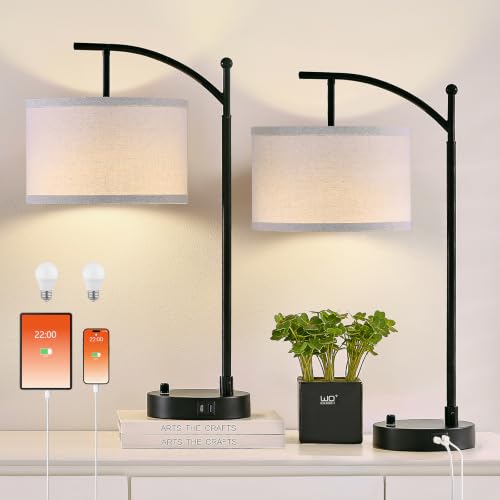 Black 2-Pack Bedside Table Lamps with USB-C & A Ports, Dimmable 23.5 Inch Set
