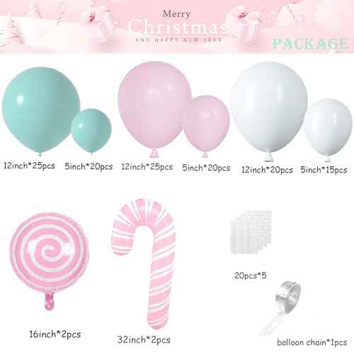 Christmas Balloon Arch Kit 137pcs Pink Christmas Balloon Garland With Pink Teal Blue White Latex Balloons Pink Candy Cane and Xmas Tree Foil Balloons For Christmas Baby Shower Party Decorations