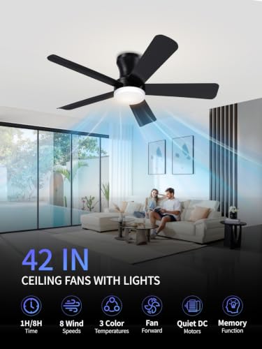 Black 42 Inch Low Profile Ceiling Fan with Light Remote Control