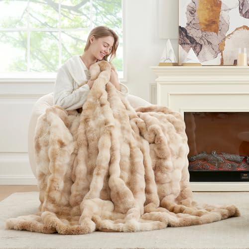 Tie-dye Beige Faux Fur Throw Blanket - 50 x 60 Inches Fuzzy Plush Couch Blanket