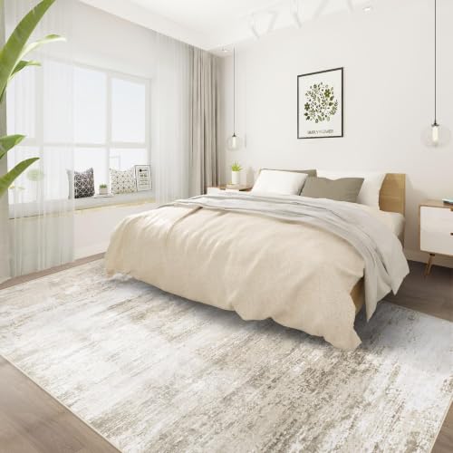 Beige 5x7 Machine Washable Area Rug - Soft Modern Abstract Non Slip Carpet for Living Room Bedroom Kitchen Nursery Office