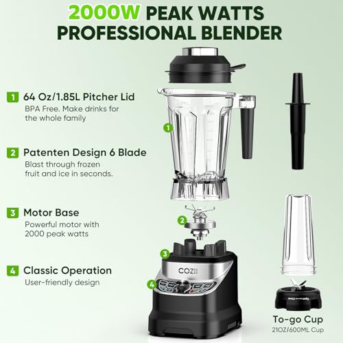 COZII Professional 2000W Countertop Blender with 64oz Pitcher & 21oz To-Go Cup - Black