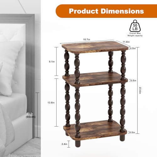 Retro End Table with 3 Tiers - Rustic Brown Narrow Side Table for Small Spaces - Farmhouse & Modern Accent Nightstand - Fxacyem Variation of Standard