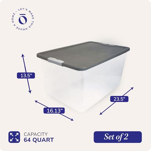 HOMZ 64 Qt Clear Plastic Storage Bin with Gray Latching Lid — 2 Pack