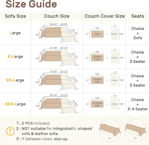 Sectional Couch Cover 2 Pieces - Cream White / 71x118+91x134 Inches - XXXL