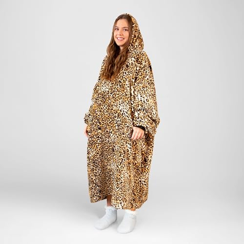Carstens Premium Leopard Print Hooded Blanket Hoodie for Adults, Wearable Throw with Pockets & Sleeves