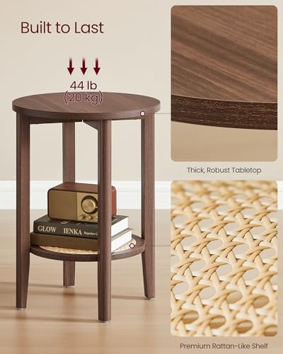 VASAGLE Boho Round Side End Table Black Walnut 1-Pack Rattan Look