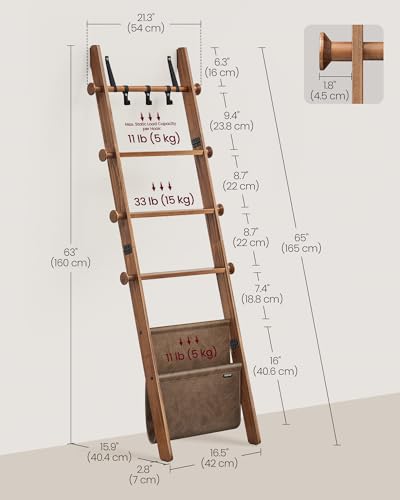 VASAGLE 5-Tier Pine Wood Blanket Ladder with Caramel Brown Finish and Leather Bag