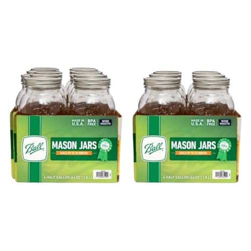 Ball Wide Mouth Half Gallon 64 Oz Mason Jars with Lids and Bands - Set of 12