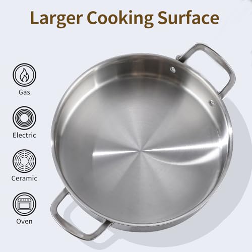 DELARLO 8 Quart Tri-Ply Stainless Steel Braiser Pan with Lid - Durable & Even Heating