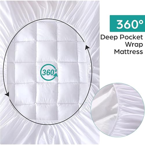 White Waterproof Queen Mattress Topper with Cotton Top & Quilted Fitted Cover - Non-Slip, Breathable, Noise-Free